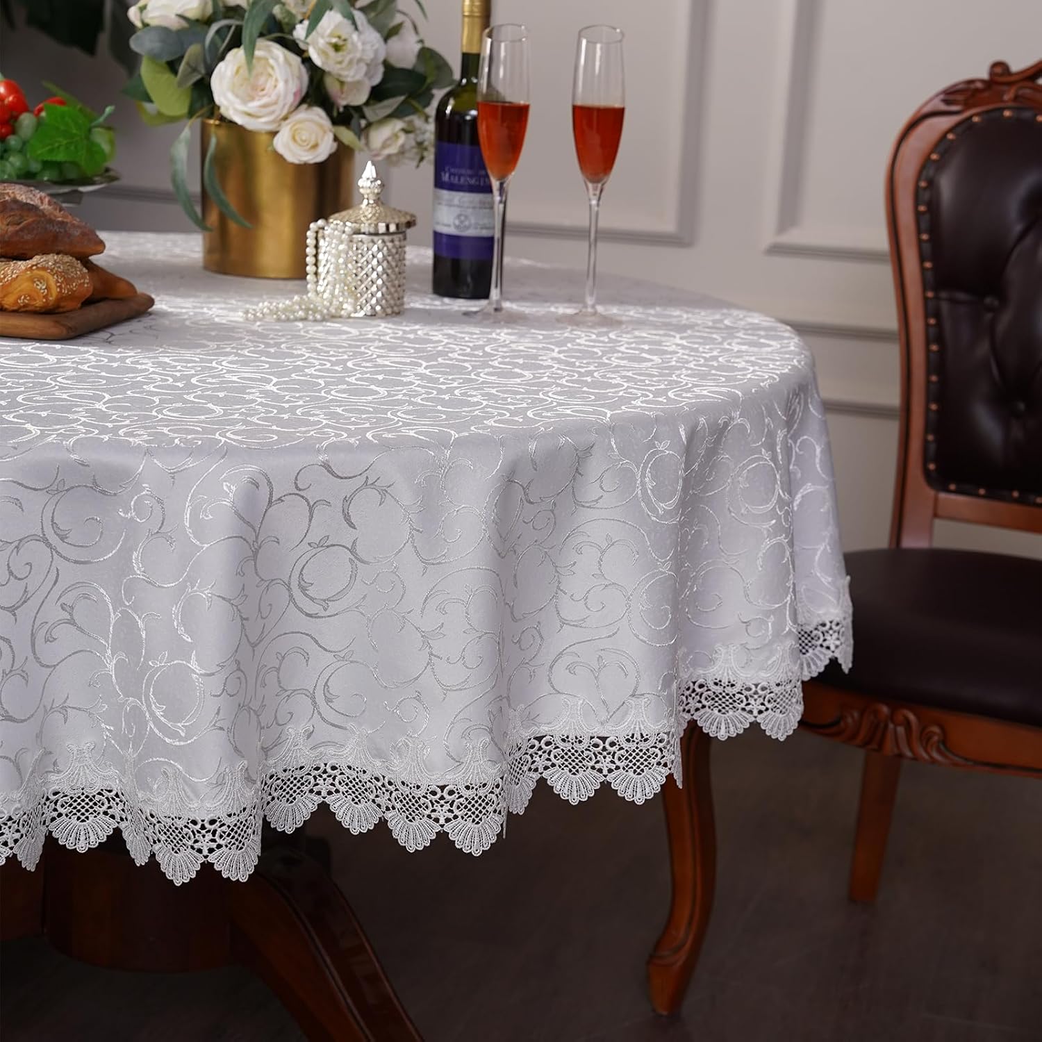 White Round Tablecloth Jacquard Table Cloth with Exquisite Lace Border Farmhouse Tablecloths Fall for Dining Wedding Coffee Outdoor Indoor Party Holiday Tabletop Use (White, 70 Inches Round)